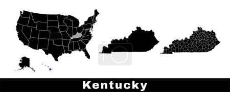 Illustration for Map of Kentucky state, USA. Set of Kentucky maps with outline border, counties and US states map. Black and white color vector illustration. - Royalty Free Image