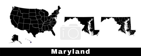 Téléchargez les illustrations : Carte de l'État du Maryland, États-Unis. Ensemble de cartes du Maryland avec contour de la frontière, des comtés et des États américains. Illustration vectorielle couleur noir et blanc. - en licence libre de droit