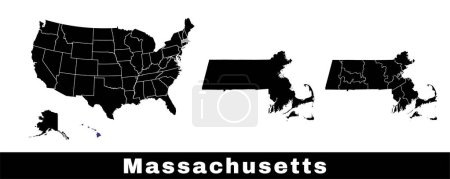 Massachusetts state map, USA. Set of Massachusetts maps with outline border, counties and US states map. Black and white color vector illustration.