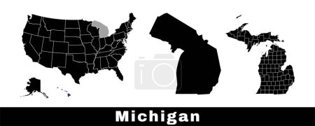 Ilustración de Mapa del estado de Michigan, Estados Unidos. Conjunto de mapas de Michigan con contorno de frontera, condados y estados de Estados Unidos mapa. Ilustración vectorial de color blanco y negro. - Imagen libre de derechos