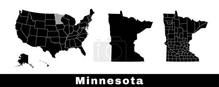 Téléchargez les illustrations : Carte de l'État du Minnesota, États-Unis. Ensemble de cartes du Minnesota avec la frontière de contour, les comtés et la carte des États américains. Illustration vectorielle couleur noir et blanc. - en licence libre de droit