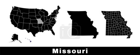 Téléchargez les illustrations : Carte du Missouri, États-Unis. Ensemble de cartes du Missouri avec les contours de la frontière, des comtés et des États américains. Illustration vectorielle couleur noir et blanc. - en licence libre de droit