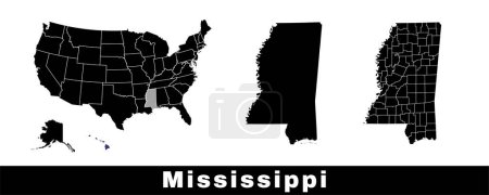 Téléchargez les illustrations : Carte de l'État du Mississippi, États-Unis. Ensemble de cartes du Mississippi avec les contours de la frontière, des comtés et des États américains. Illustration vectorielle couleur noir et blanc. - en licence libre de droit