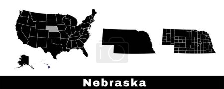 Téléchargez les illustrations : Carte du Nebraska, États-Unis. Ensemble de cartes du Nebraska avec les contours de la frontière, des comtés et des États américains. Illustration vectorielle couleur noir et blanc. - en licence libre de droit