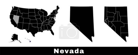 Téléchargez les illustrations : Carte du Nevada, États-Unis. Ensemble de cartes du Nevada avec contour de la frontière, des comtés et des États américains. Illustration vectorielle couleur noir et blanc. - en licence libre de droit