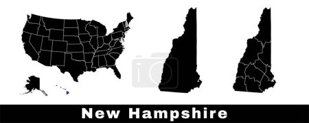 Téléchargez les illustrations : Carte du New Hampshire, États-Unis. Ensemble de cartes du New Hampshire avec les contours de la frontière, des comtés et des États américains. Illustration vectorielle couleur noir et blanc. - en licence libre de droit