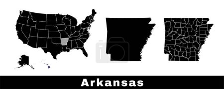 Téléchargez les illustrations : Carte de l'État de l'Arkansas, États-Unis. Ensemble de cartes de l'Arkansas avec contour de la frontière, les comtés et les États américains carte. Illustration vectorielle couleur noir et blanc. - en licence libre de droit