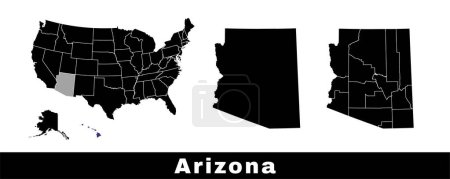 Téléchargez les illustrations : Carte de l'État de l'Arizona, États-Unis. Ensemble de cartes de l'Arizona avec contour de la frontière, les comtés et les États américains carte. Illustration vectorielle couleur noir et blanc. - en licence libre de droit