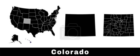 Ilustración de Mapa del estado de Colorado, Estados Unidos. Conjunto de mapas de Colorado con contorno de frontera, condados y estados de Estados Unidos mapa. Ilustración vectorial de color blanco y negro. - Imagen libre de derechos