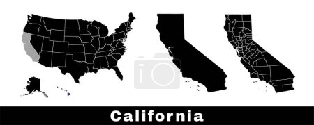 Téléchargez les illustrations : Carte de l'État de Californie, États-Unis. Série de cartes de Californie avec contour de la frontière, des comtés et des États américains. Illustration vectorielle couleur noir et blanc. - en licence libre de droit