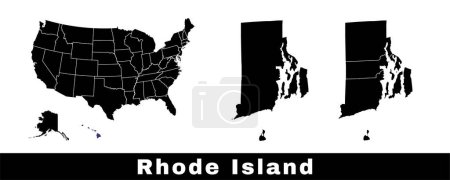 Téléchargez les illustrations : Carte de Rhode Island, États-Unis. Ensemble de cartes du Rhode Island avec les contours de la frontière, des comtés et des États américains. Illustration vectorielle couleur noir et blanc. - en licence libre de droit