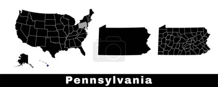 Téléchargez les illustrations : Carte de l'État de Pennsylvanie, États-Unis. Ensemble de cartes de Pennsylvanie avec contour de la frontière, les comtés et les États américains carte. Illustration vectorielle couleur noir et blanc. - en licence libre de droit