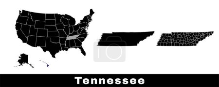 Téléchargez les illustrations : Carte de l'État du Tennessee, États-Unis. Série de cartes du Tennessee avec les contours de la frontière, des comtés et des États américains. Illustration vectorielle couleur noir et blanc. - en licence libre de droit
