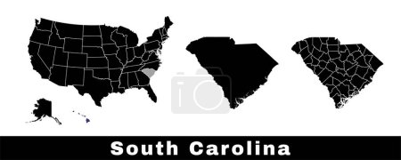 Téléchargez les illustrations : Carte de l'État de Caroline du Sud, États-Unis. Ensemble de cartes de la Caroline du Sud avec contour de la frontière, les comtés et les États américains carte. Illustration vectorielle couleur noir et blanc. - en licence libre de droit