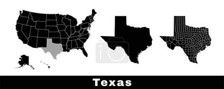 Téléchargez les illustrations : Carte du Texas, États-Unis. Ensemble de cartes du Texas avec contour de la frontière, des comtés et des États américains. Illustration vectorielle couleur noir et blanc. - en licence libre de droit