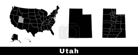 Téléchargez les illustrations : Carte de l'Utah, États-Unis. Ensemble de cartes de l'Utah avec les contours de la frontière, des comtés et des États américains. Illustration vectorielle couleur noir et blanc. - en licence libre de droit