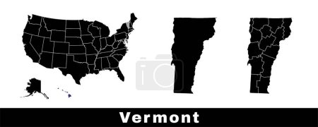 Vermont state map, USA. Set of Vermont maps with outline border, counties and US states map. Black and white color vector illustration.