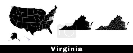 Téléchargez les illustrations : Carte de Virginie, États-Unis. Série de cartes de Virginie avec contour de la frontière, des comtés et des États américains. Illustration vectorielle couleur noir et blanc. - en licence libre de droit