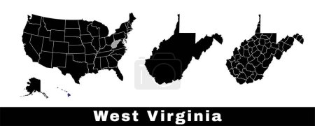 Téléchargez les illustrations : Carte de l'État de Virginie occidentale, États-Unis. Ensemble de cartes de Virginie-Occidentale avec contour de la frontière, comtés et États américains. Illustration vectorielle couleur noir et blanc. - en licence libre de droit
