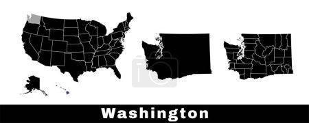 Téléchargez les illustrations : Washington, États-Unis. Série de cartes de Washington avec les contours de la frontière, des comtés et des États américains. Illustration vectorielle couleur noir et blanc. - en licence libre de droit