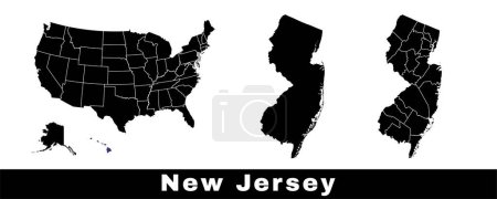 Téléchargez les illustrations : Carte du New Jersey, États-Unis. Ensemble de cartes du New Jersey avec les contours de la frontière, des comtés et des États américains. Illustration vectorielle couleur noir et blanc. - en licence libre de droit