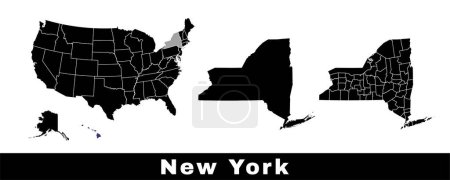 Téléchargez les illustrations : Carte de l'État de New York, États-Unis. Ensemble de cartes de New York avec les contours de la frontière, des comtés et des États américains. Illustration vectorielle couleur noir et blanc. - en licence libre de droit