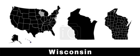 Téléchargez les illustrations : Carte de l'État du Wisconsin, États-Unis. Ensemble de cartes du Wisconsin avec contour de la frontière, des comtés et des États américains. Illustration vectorielle couleur noir et blanc. - en licence libre de droit
