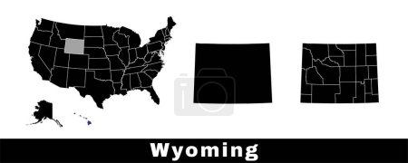 Ilustración de Mapa del estado de Wyoming, Estados Unidos. Conjunto de mapas de Wyoming con contorno de frontera, condados y estados de Estados Unidos mapa. Ilustración vectorial de color blanco y negro. - Imagen libre de derechos