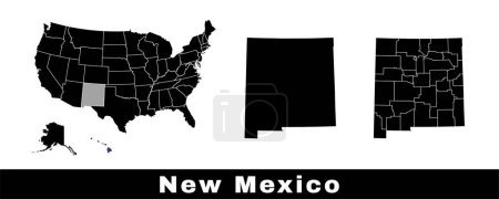 Ilustración de Mapa del estado de Nuevo México, Estados Unidos. Conjunto de mapas de Nuevo México con contorno de frontera, condados y estados de Estados Unidos mapa. Ilustración vectorial de color blanco y negro. - Imagen libre de derechos
