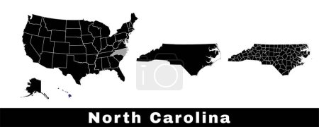 Illustration for North Carolina state map, USA. Set of North Carolina maps with outline border, counties and US states map. Black and white color vector illustration. - Royalty Free Image