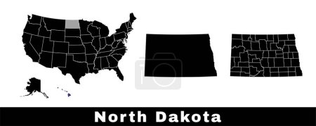 Téléchargez les illustrations : Carte du Dakota du Nord, États-Unis. Ensemble de cartes du Dakota du Nord avec les contours de la frontière, des comtés et des États américains. Illustration vectorielle couleur noir et blanc. - en licence libre de droit