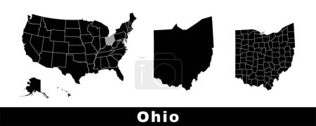 Téléchargez les illustrations : Carte de l'Ohio, États-Unis. Série de cartes de l'Ohio avec les contours de la frontière, des comtés et des États américains. Illustration vectorielle couleur noir et blanc. - en licence libre de droit