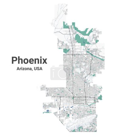 Téléchargez les illustrations : Phoenix map, capitale de l'État de l'Arizona aux États-Unis. Carte des zones administratives municipales avec bâtiments, rivières et routes, parcs et chemins de fer. Illustration vectorielle. - en licence libre de droit