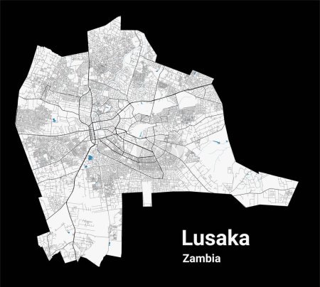 Illustration for Lusaka map. Detailed map of Lusaka city administrative area. Cityscape panorama. Royalty free vector illustration. Road map with highways, rivers. - Royalty Free Image