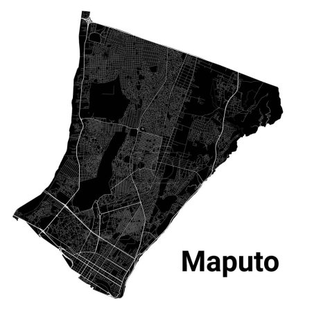Ilustración de Mapa de Maputo, capital de Mozambique. Fronteras administrativas municipales, mapa en blanco y negro con ríos y carreteras, parques y ferrocarriles. Ilustración vectorial. - Imagen libre de derechos