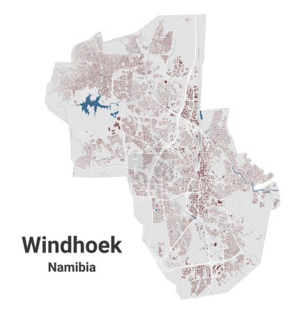 Téléchargez les illustrations : Plan de Windhoek, capitale de la Namibie. Carte des zones administratives municipales avec bâtiments, rivières et routes, parcs et chemins de fer. Illustration vectorielle. - en licence libre de droit