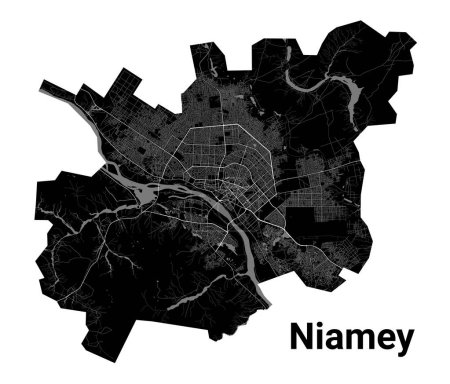 Ilustración de Mapa de Niamey, capital de Níger. Fronteras administrativas municipales, mapa en blanco y negro con ríos y carreteras, parques y ferrocarriles. Ilustración vectorial. - Imagen libre de derechos
