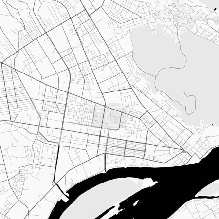 Ilustración de Mapa de Bangui, República Centroafricana. Cartel urbano en blanco y negro. Imagen del mapa de carreteras con vista al área metropolitana de la ciudad. - Imagen libre de derechos