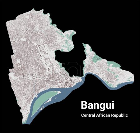 Ilustración de Bangui, República Centroafricana, mapa vectorial. Mapa detallado de Bangui la ciudad el área administrativa. Paisaje urbano panorámico. Ilustración vectorial libre de regalías. Mapa de contorno con edificios, agua, bosque. Hoja de ruta decorativa turística. - Imagen libre de derechos