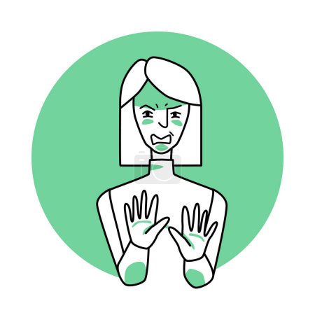 Ilustración de Mujer adulta con emoción de asco, expresión facial con manos. Mujer asqueada con el pelo blanco, expresando su rechazo negativo con gestos. Icono de círculo vector verde. - Imagen libre de derechos