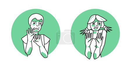 Ilustración de Niño y niña con emoción de iconos de círculo de asco, expresión facial con las manos. Adolescentes disgustados expresando su rechazo negativo con gestos. Ilustración del vector verde. - Imagen libre de derechos