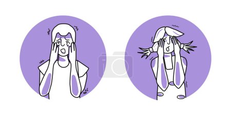 Illustration for Frightened boy and girl circle icon, emotion of fear, facial expression with gestures. Afraid teenagers, expressing their panic feelings. Purple vector illustration. - Royalty Free Image