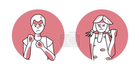 Illustration for Young boy and girl with angry emotion circle icons, facial expression with hands. Annoyed teenagers, expressing their negative feelings with gestures. Red vector illustration. - Royalty Free Image
