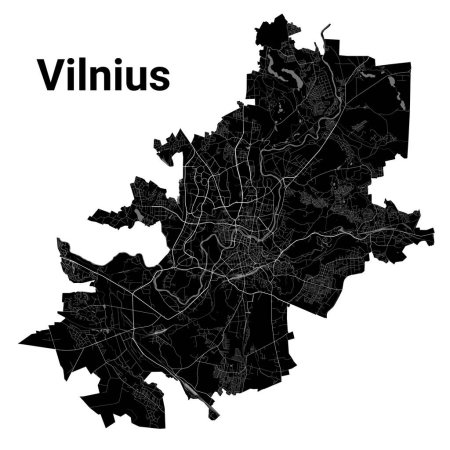 Illustration for Vilnius city map, detailed administrative borders municipal black and white map, Lithuania. River Neris and Vilnia, roads and railway. Vector illustration. - Royalty Free Image