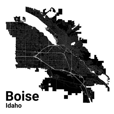Ilustración de Mapa de Boise, capital del estado estadounidense de Idaho. Fronteras administrativas municipales, mapa en blanco y negro con ríos y carreteras, parques y ferrocarriles. Ilustración vectorial. - Imagen libre de derechos