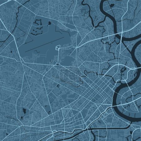 Ilustración de Antecedentes Ho Chi Minh mapa, Vietnam, ciudad azul cartel. Mapa vectorial con carreteras y agua. Proporción de pantalla ancha, hoja de ruta digital de diseño plano. - Imagen libre de derechos