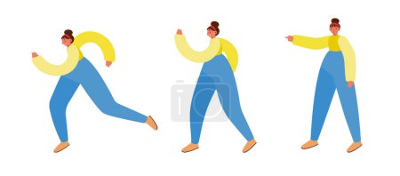 Téléchargez les illustrations : 3 poses de marche d'une femme, points avec sa main, marche, courir. Porter une chemise et un pantalon à manches longues, proportions déformées. Illustration vectorielle. - en licence libre de droit