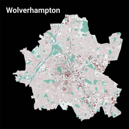 Ilustración de Mapa de Wolverhampton, zona administrativa detallada con edificios - Imagen libre de derechos
