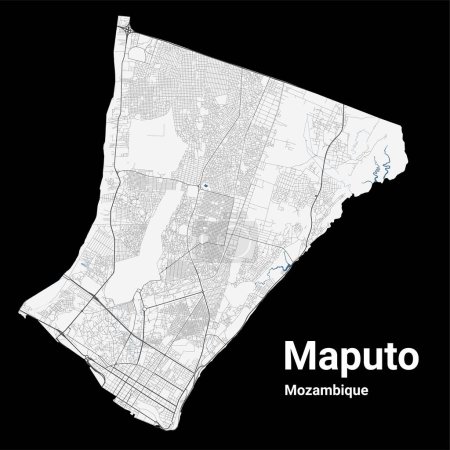 Maputo, Mosambik Karte. Detaillierte Karte des Verwaltungsgebietes von Maputo. Stadtpanorama. Lizenzfreie Vektorillustration. Straßenkarte mit Autobahnen, Flüssen.