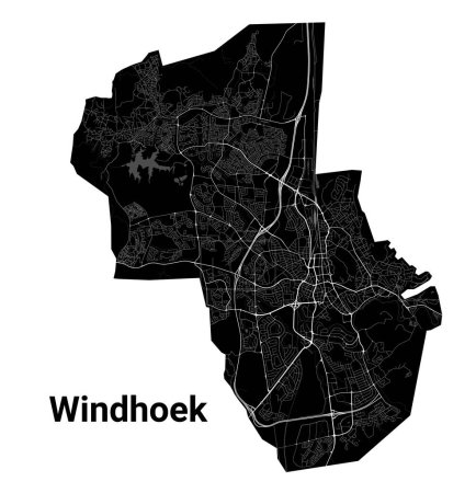 Ilustración de Mapa de Windhoek, capital de Namibia. Mapa administrativo municipal en blanco y negro con ríos y carreteras, parques y ferrocarriles. Ilustración vectorial. - Imagen libre de derechos